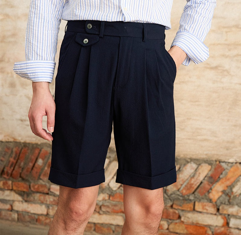 Brescia Cotton Blend Seersucker Double Pleated Bermudas