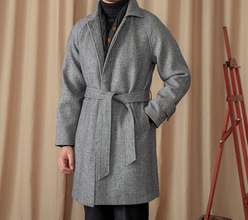 Perugia Belted Herringbone Wool Blend Coat
