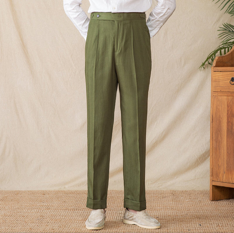 Marbella Cotton Linen Straight Fit Pleated Trousers