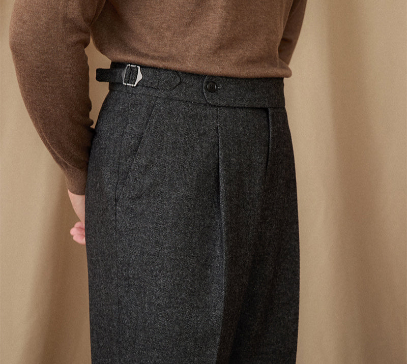 Hampshire Herringbone Wool Blend Straight Fit Pleated Trousers