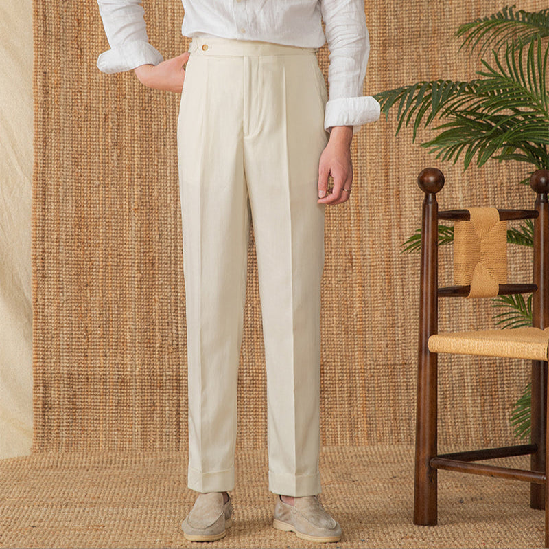 Marbella Cotton Linen Straight Fit Pleated Trousers
