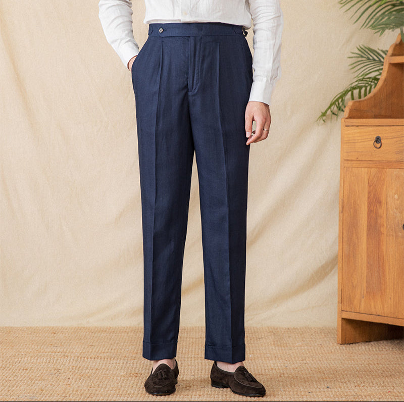 Marbella Cotton Linen Straight Fit Pleated Trousers