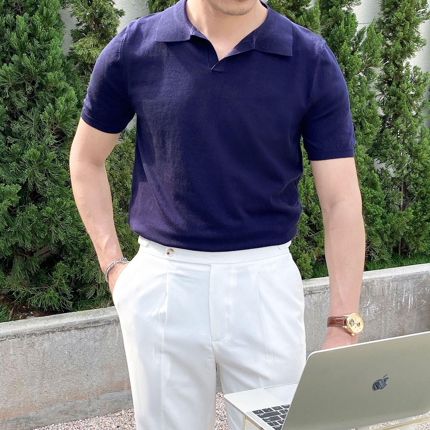 Navy lyocell knit open collar polo from the ANYORAL polos and tees collection