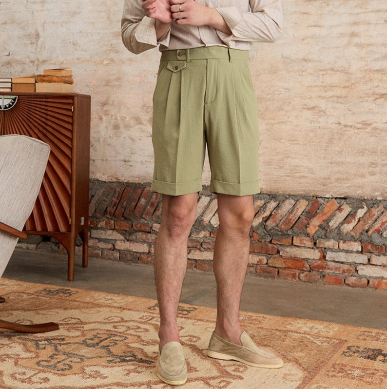 Brescia Cotton Blend Seersucker Double Pleated Bermudas