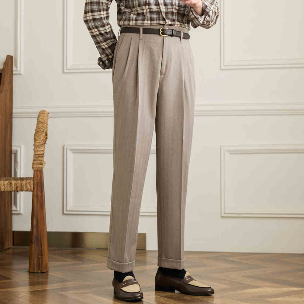 Hollywood Herringbone Straight Fit Double Pleated Trousers