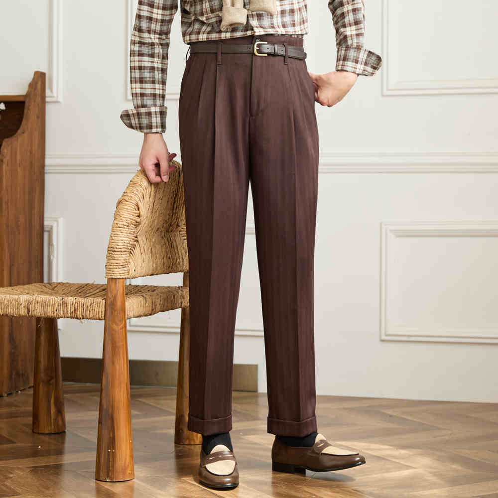 Hollywood Herringbone Straight Fit Double Pleated Trousers