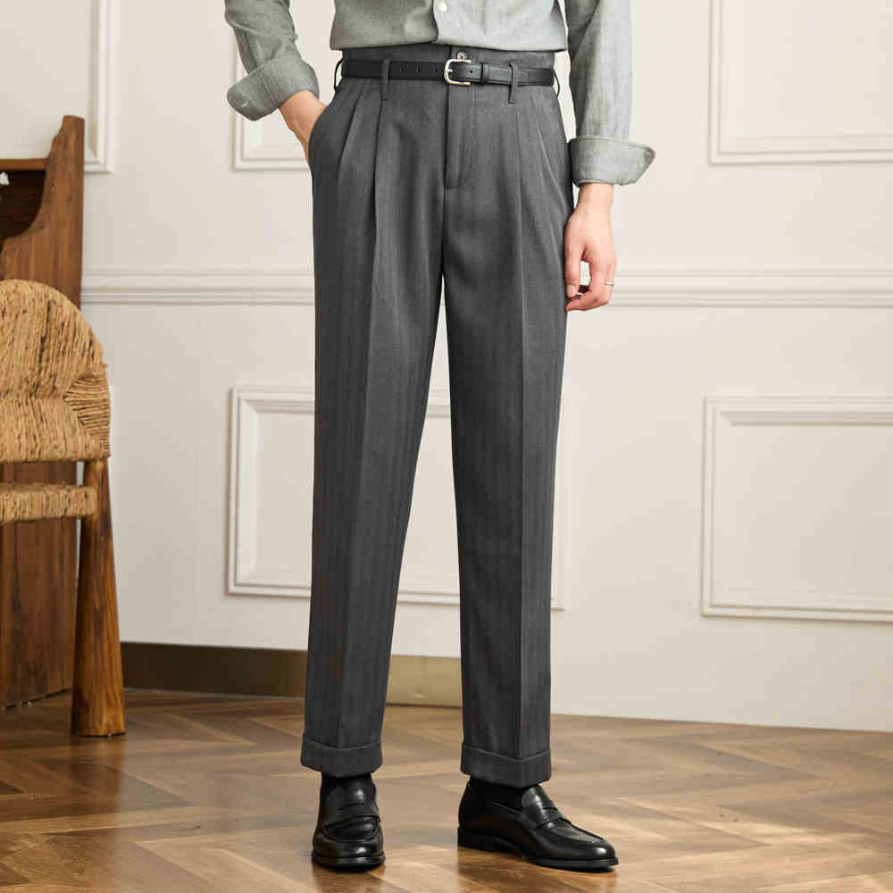 Hollywood Herringbone Straight Fit Double Pleated Trousers