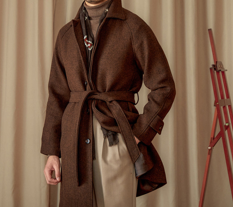 Perugia Belted Herringbone Wool Blend Coat