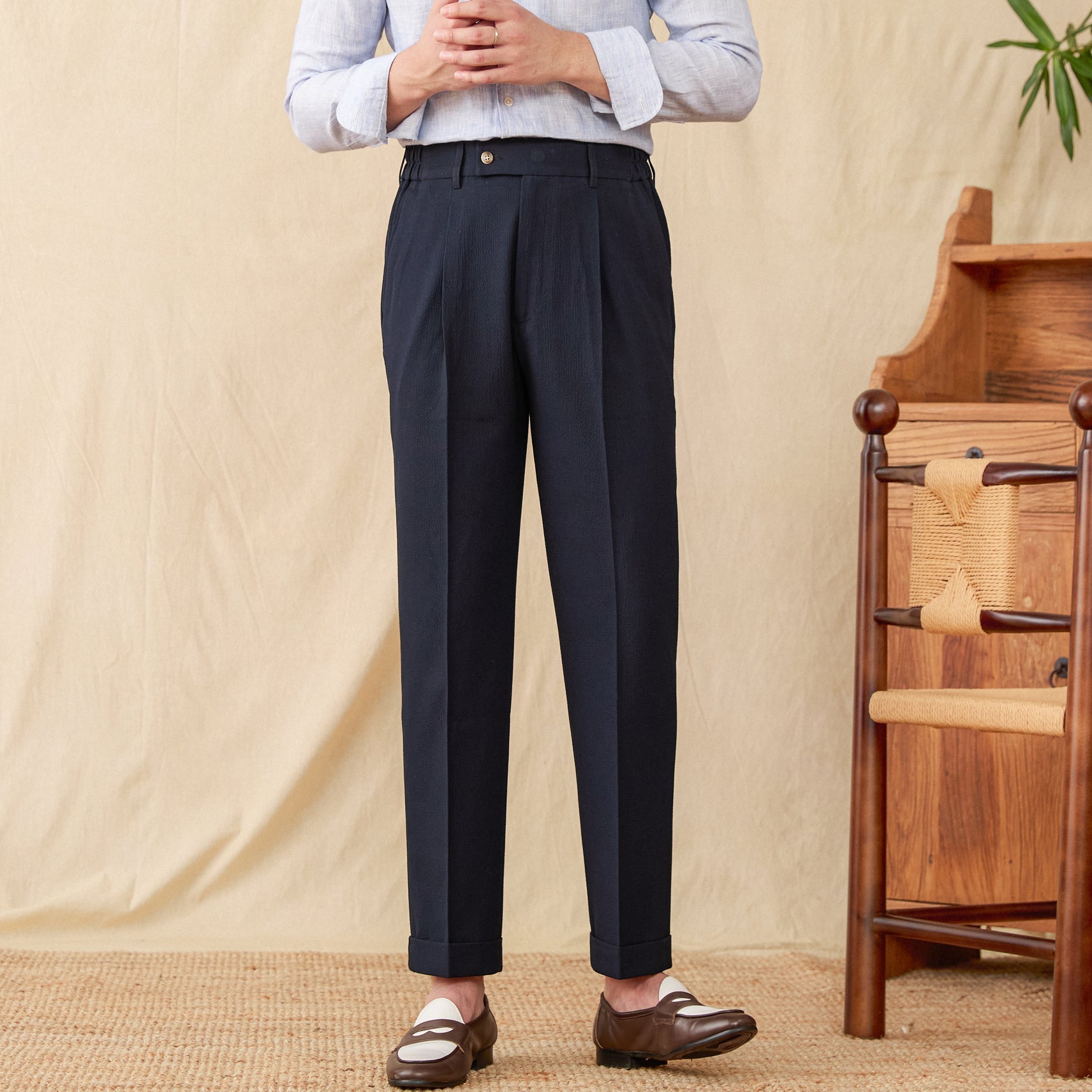Livorno Seersucker Pleated Straight Fit Trousers