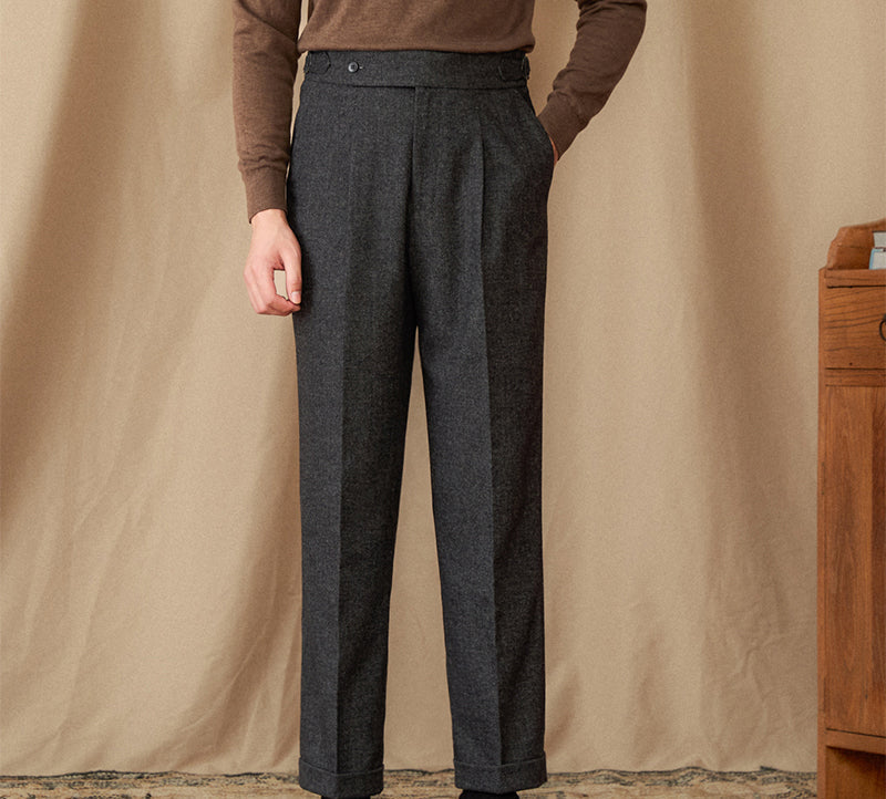 Hampshire Herringbone Wool Blend Straight Fit Pleated Trousers
