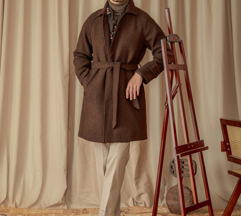 Perugia Belted Herringbone Wool Blend Coat