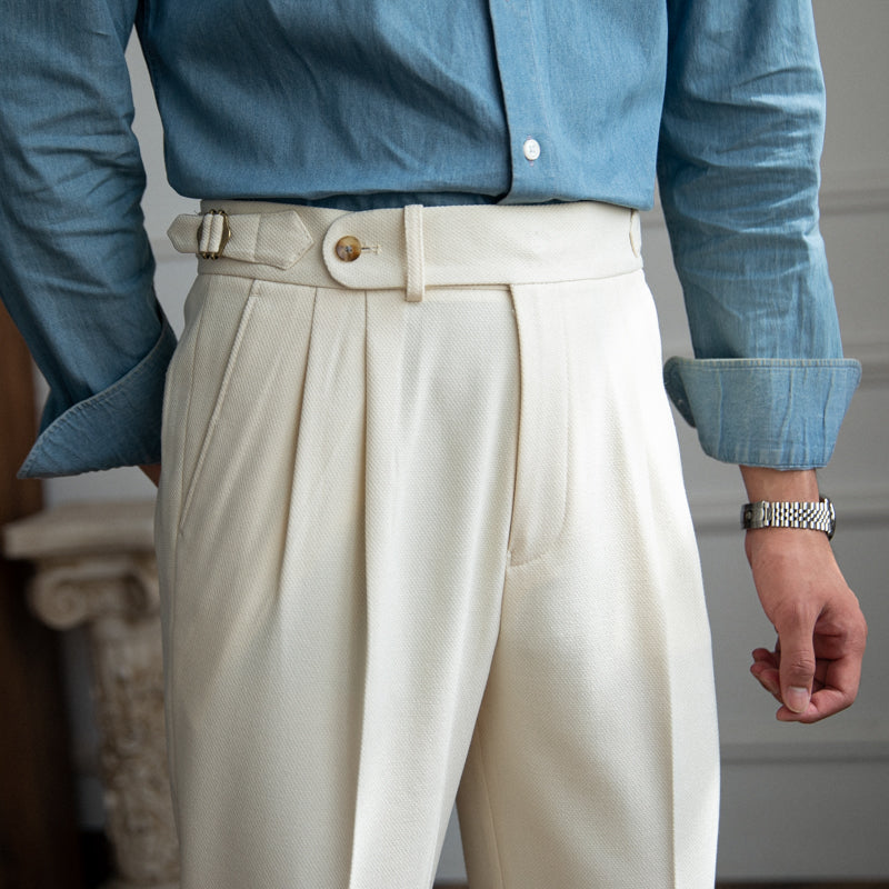 London Wool Blend Textured Double Pleated Trousers